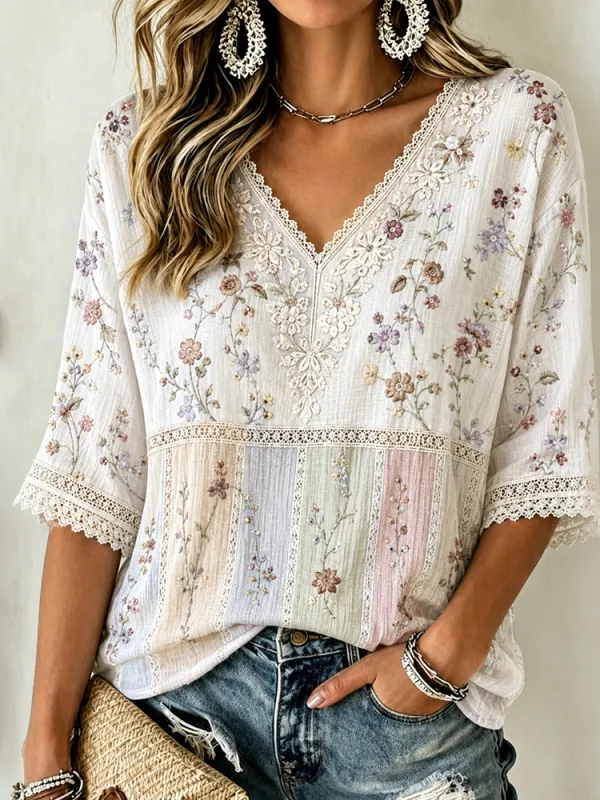Women's Vintage Floral Color Blocking Art Cotton Linen Casual V-neck Top