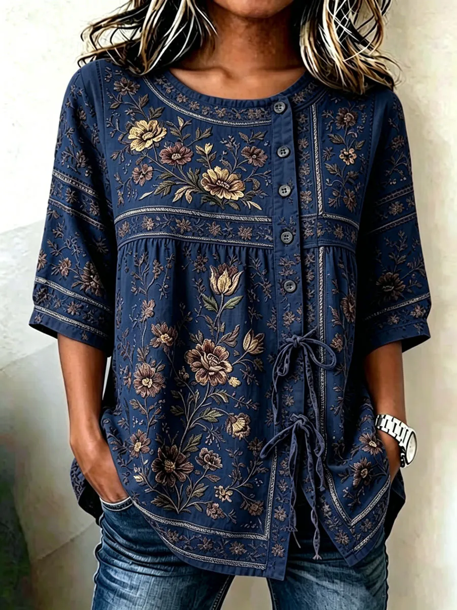 Women'S Casual Print Cotton Linen Print Top
