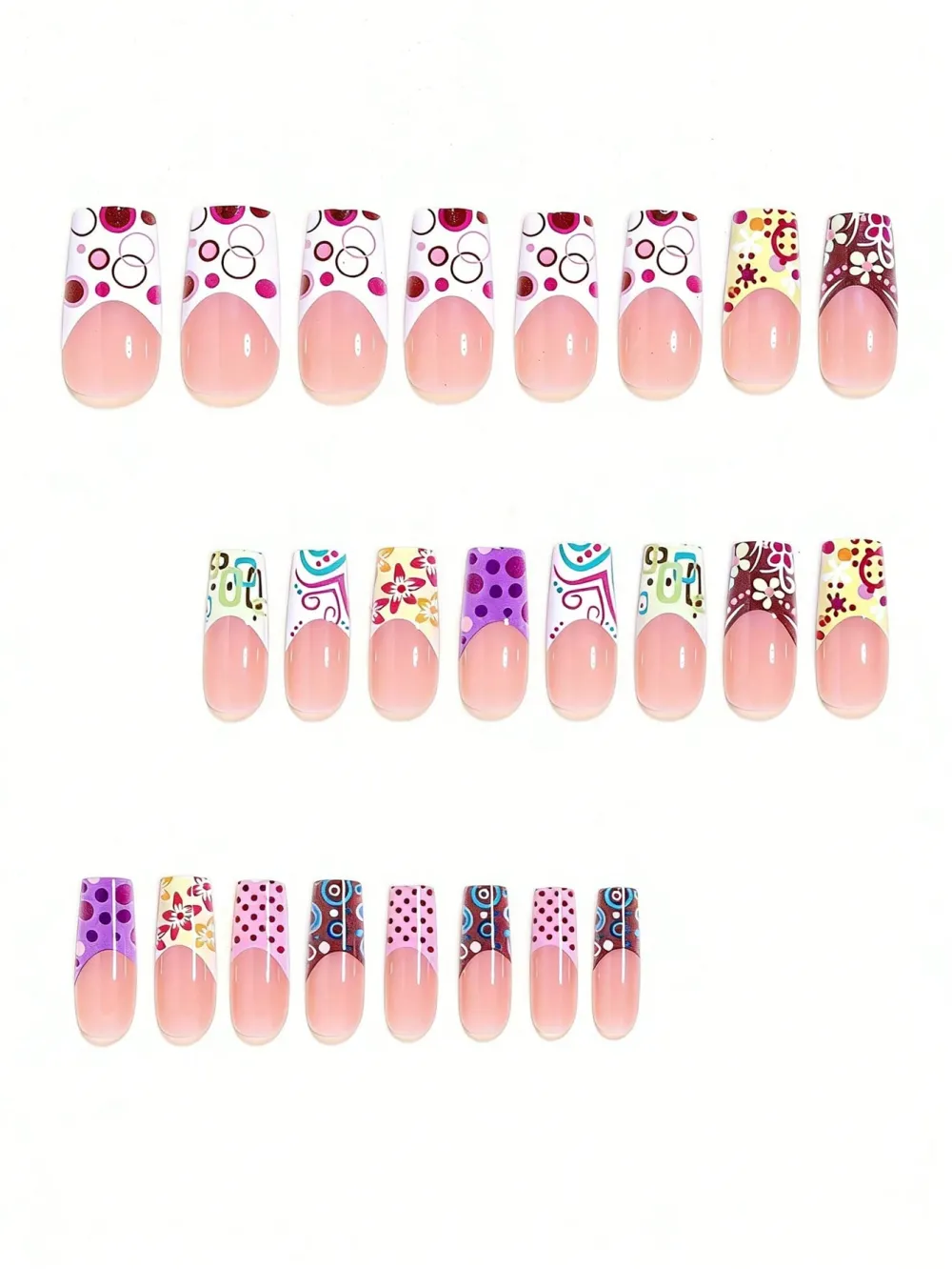 Nailhour 24pcs Medium Square Features White French Tips With Pink Circle Accents Press On Nails