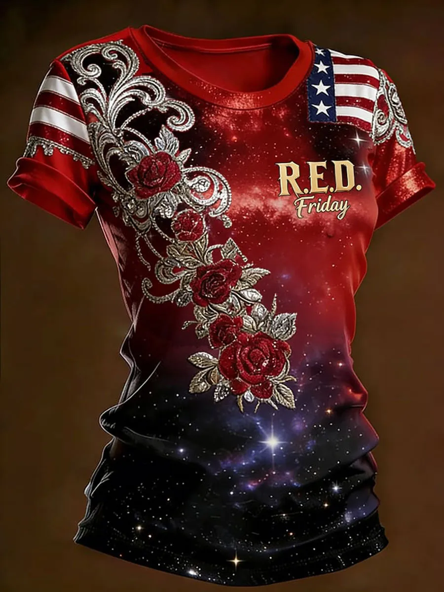 Women'S Casual Red Friday Print Short-Sleeve T-Shirt