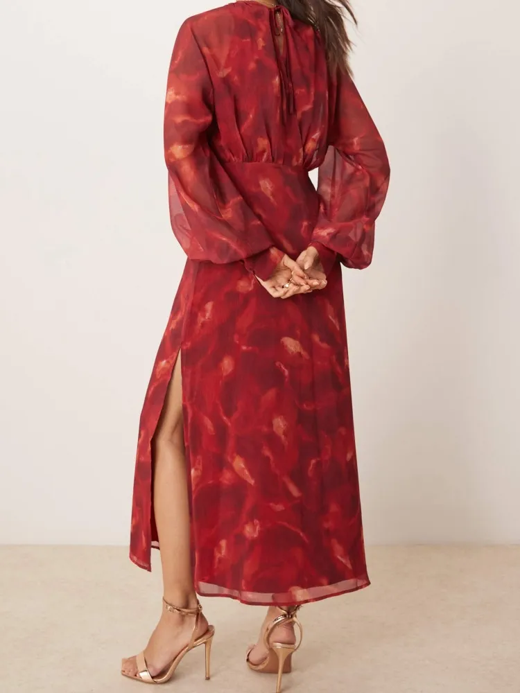 Printed Surplice Long Sleeve Dress