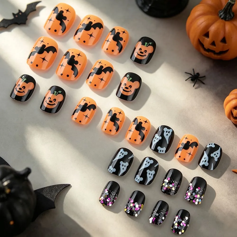 Nailhour 24Pcs Glossy Black And Orange Spider Ghost Halloween Short Squoval Press On Nails