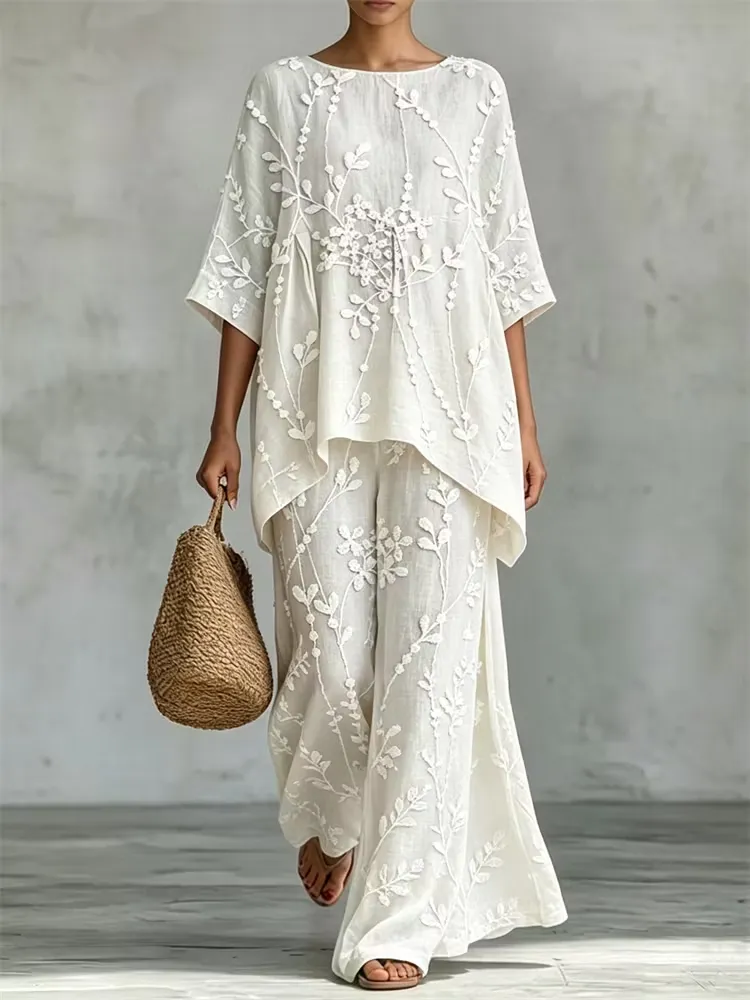 Elegant Lace Floral Print Flowing Linen Robe And Wide Leg Pants Set
