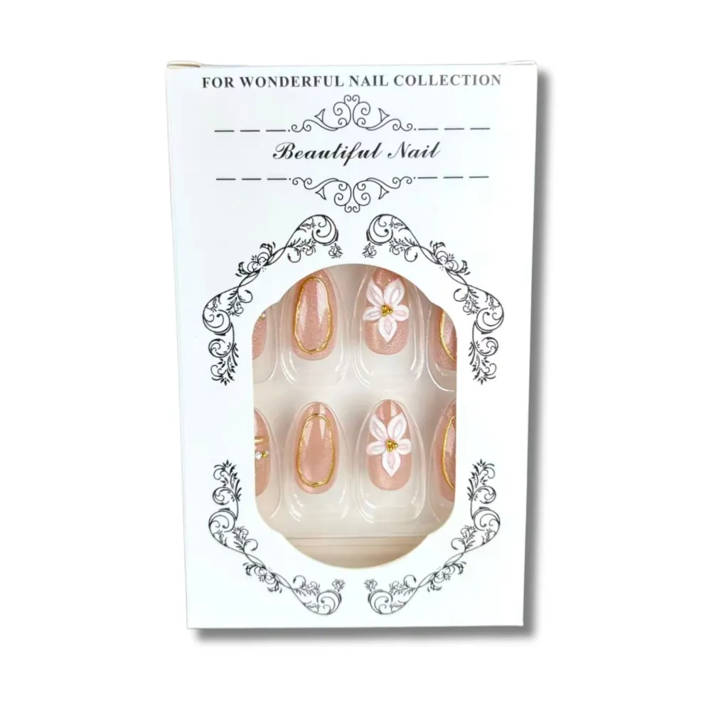Nailhour 30Pcs Champagne Nude 3D Medium Almond French Press On Nails