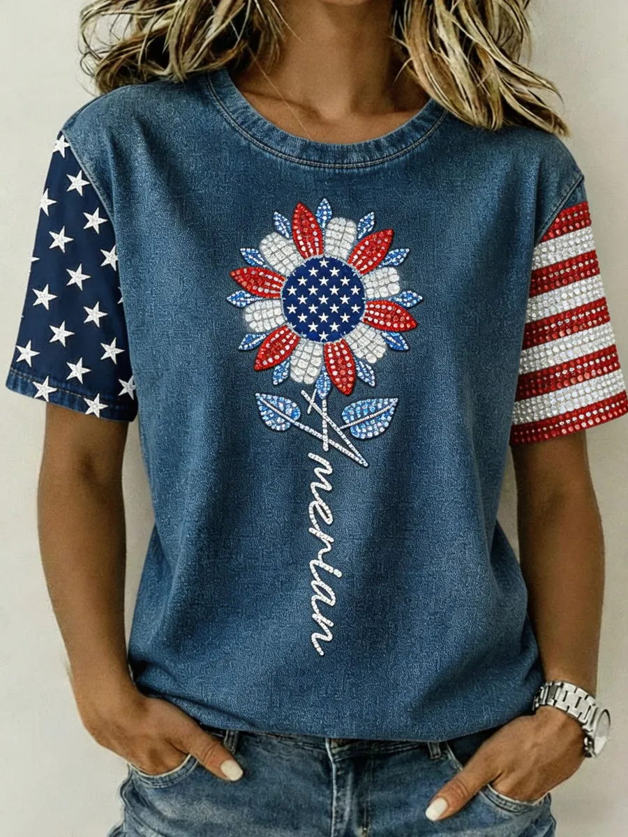 U.S. 250th Anniversary Rhinestone Floral Art Women's T-Shirt