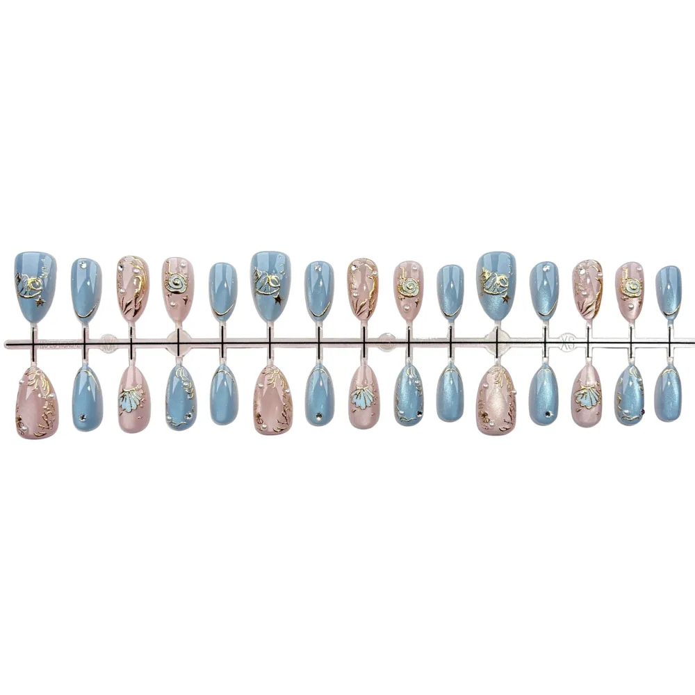 Nailhour 30Pcs Gray Blue Medium Almond Cat Eye Press On Nails
