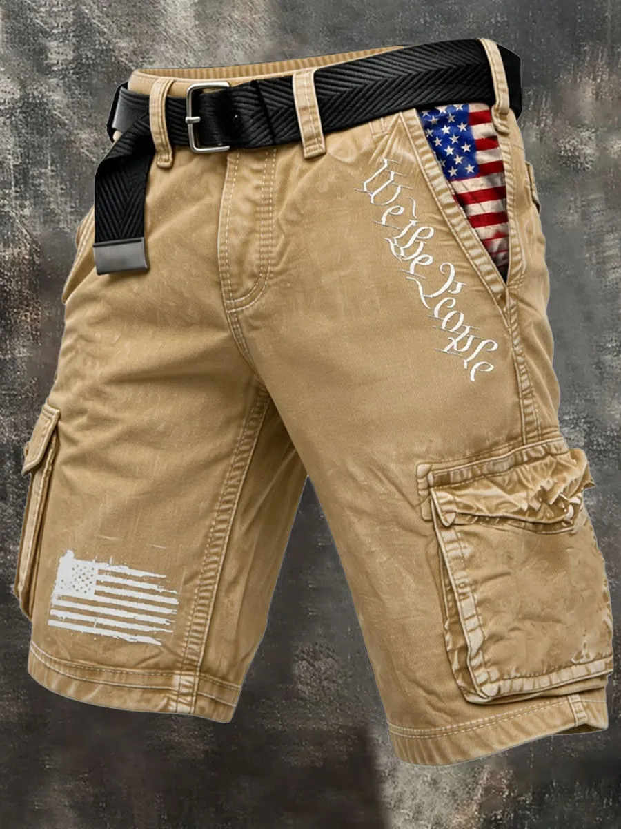 Patriot Retro Outdoor Functional Washed Distressed Denim Shorts