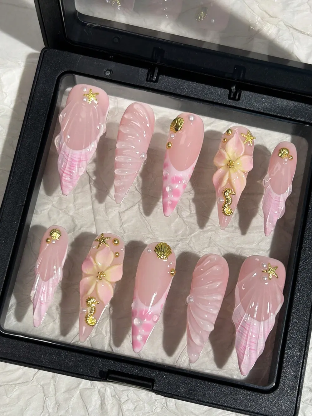 Nailhour 10pcs Handmade Long Stilettos Pink French Fingertips Fake Nails
