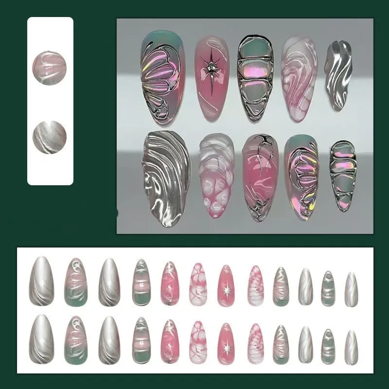 Nailhour 24Pcs 3D Gilded Medium Almond Press On Nails