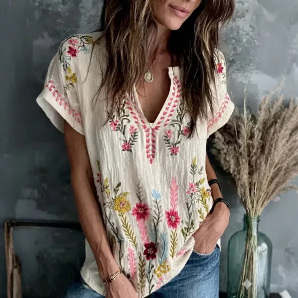 Women's Retro Floral Printed Linen Short Sleeved Waistband Top