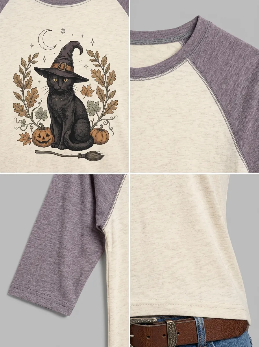 Women's Halloween Cat Witch Pumpkin Printed Raglan T-shirt