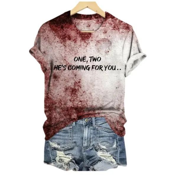2025 Halloween Women’s One Two He’s Coming For You Printed T-Shirt