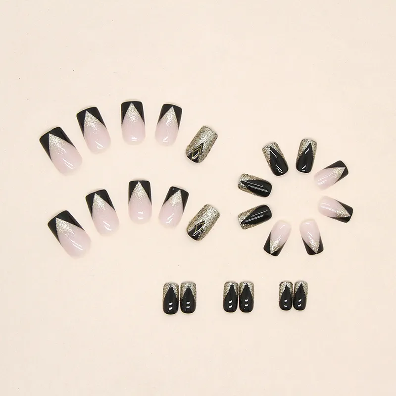 Nailhour Black Glitter Nail Art Square 24Pcs Party Press On Nails