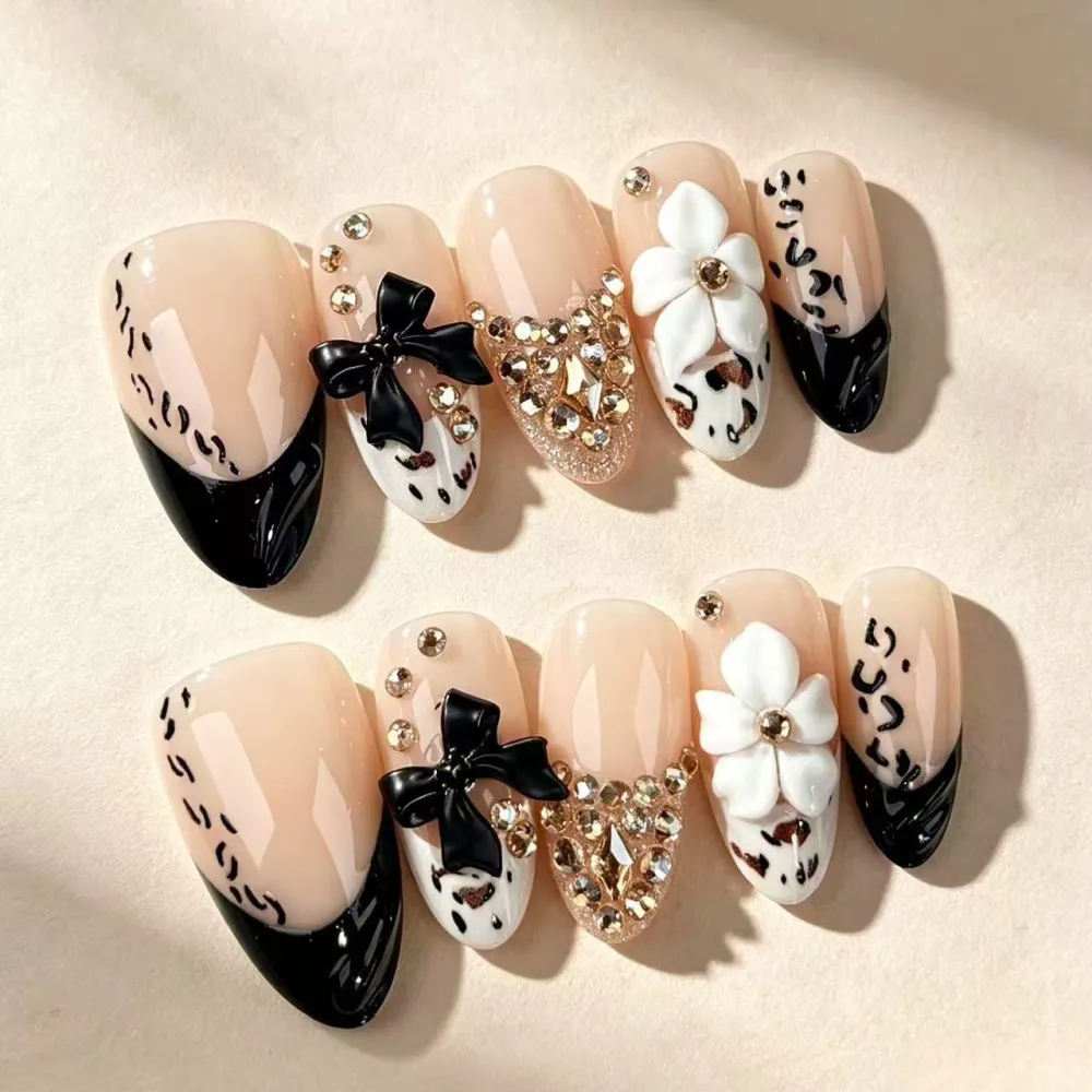 Nailhour 30Pcs Gilded 3D French Medium Almond Press On Nails