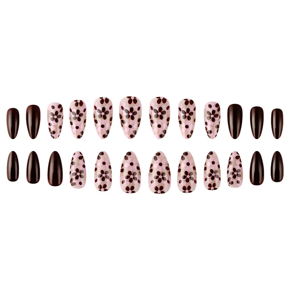 Nailhour 24Pcs Autumn Vintage Floral Short Almond Press On Nails