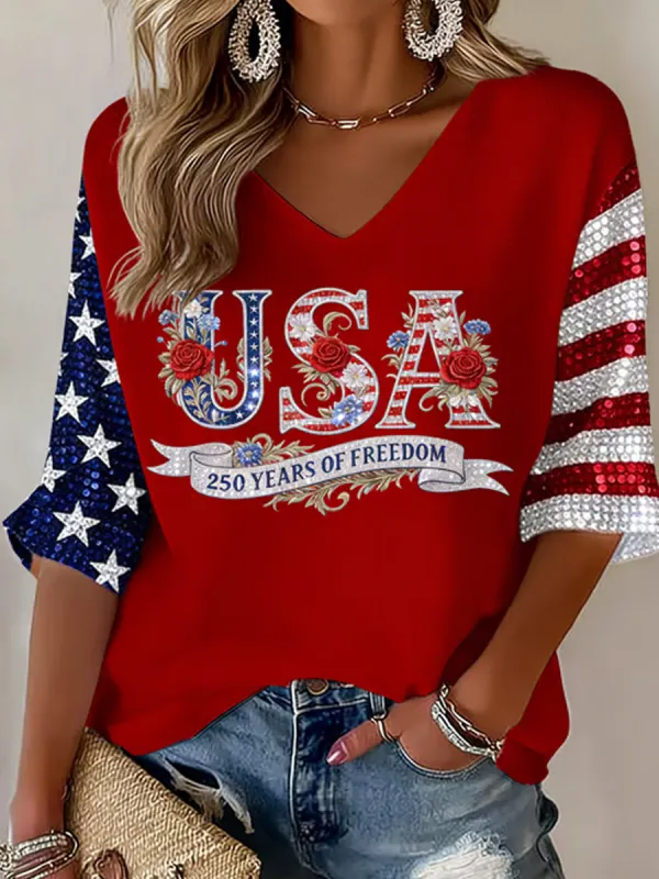 Women's 250th Anniversary Of The United States Printed V-Neck Top
