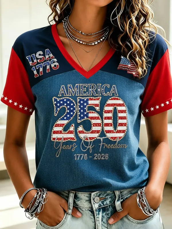 Women's Casual USA 250th Celebration Print Short Sleeve T-shirt