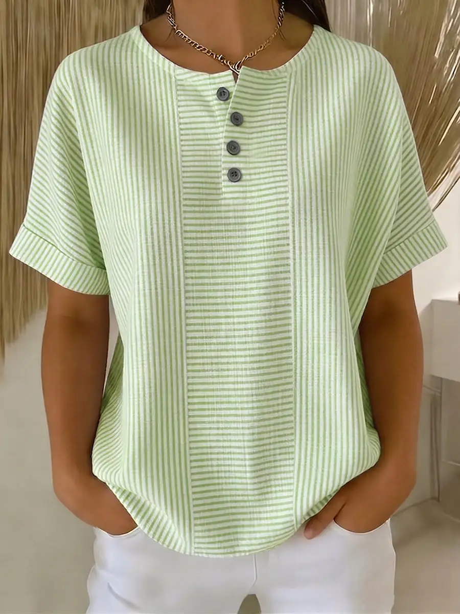 Women's casual striped cotton linen button-down shirt
