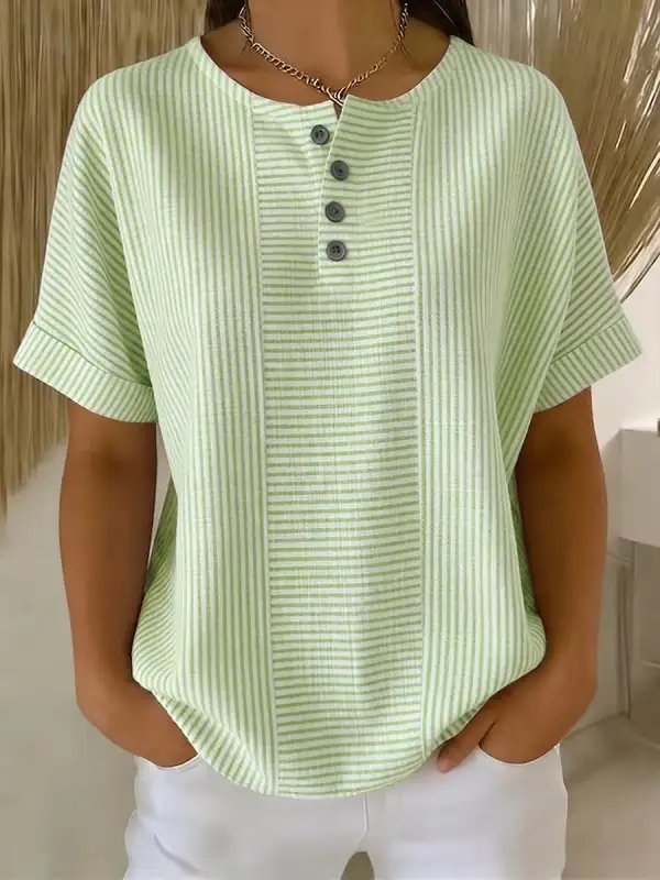 Women's casual striped cotton linen button-down shirt