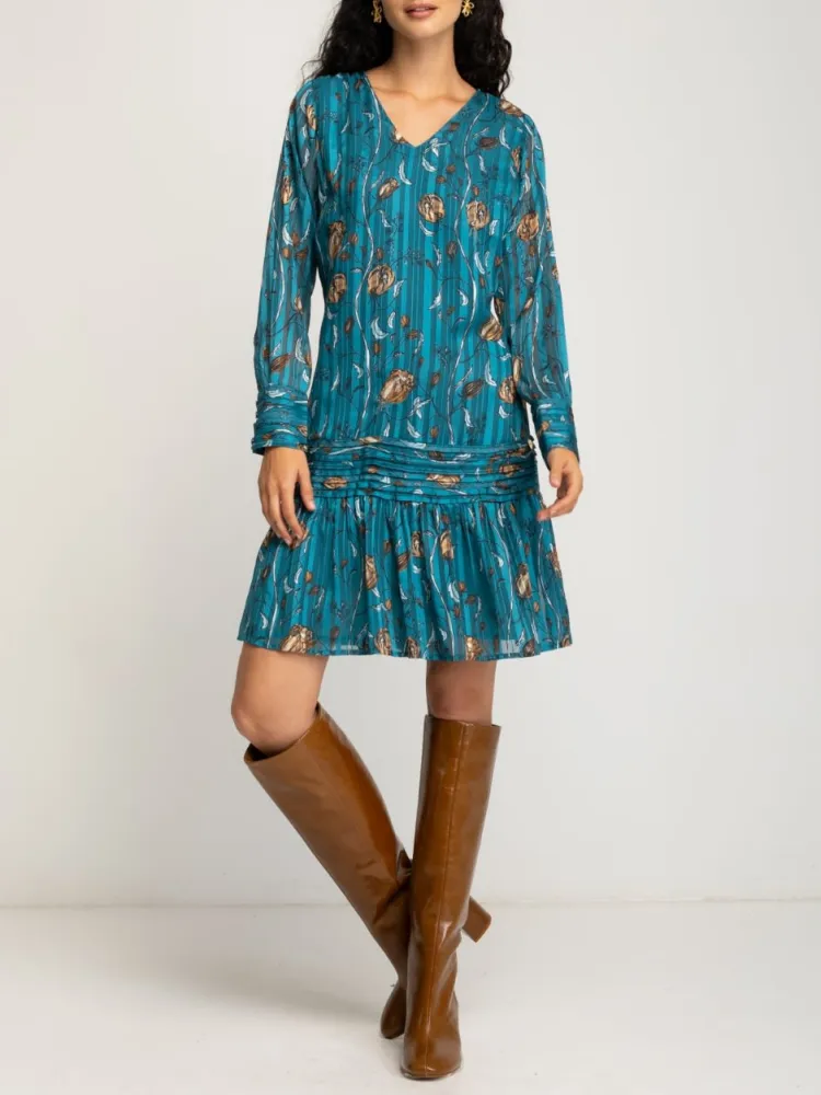 Ruffled Hem Print Long Sleeve Dress