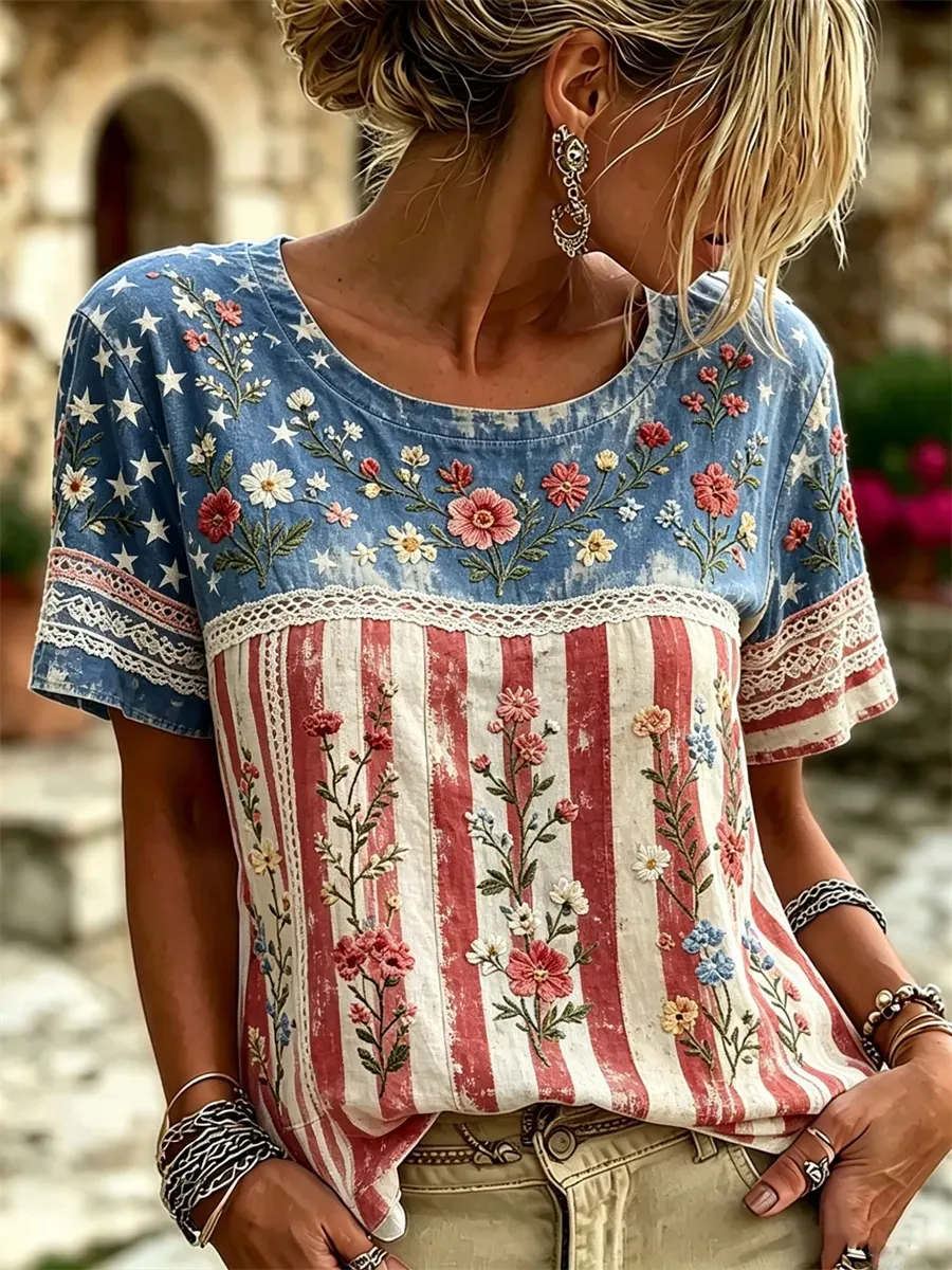Women's Boho Printed American Flag Pattern Printed Linen Short sleeved T-shirt