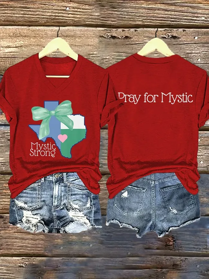 V Neck Retro Texas Strong Green Bow Mystic Strong Pray For Mystic Print T-Shirt