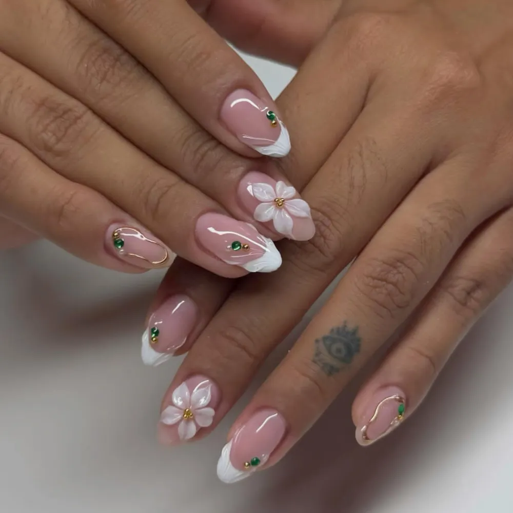 Nailhour 24Pcs Nude French Floral Medium Almond Press On Nails