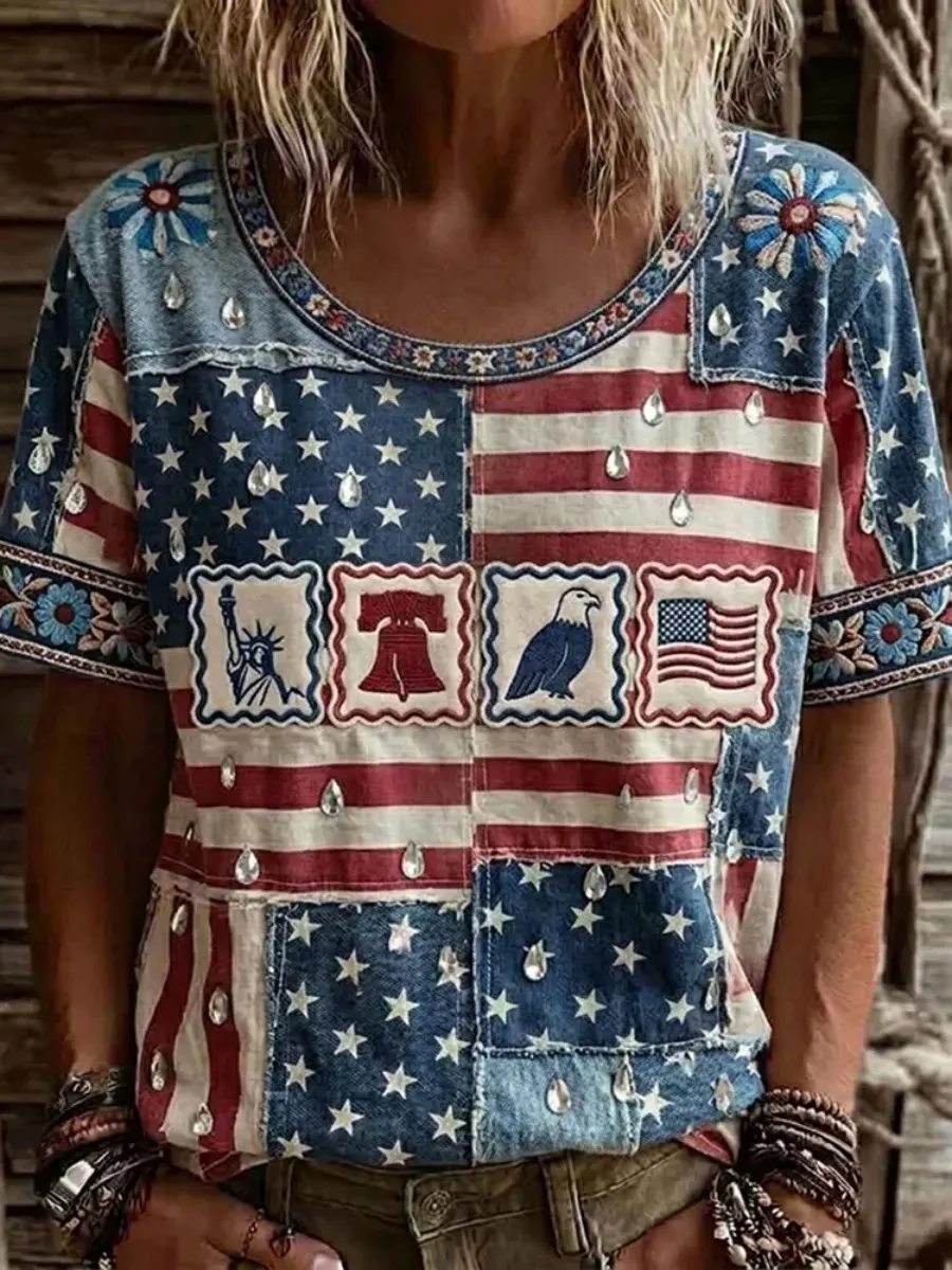 Women's Retro USA Independence Day Peace Dove Patchwork Pattern Casual T-shirt