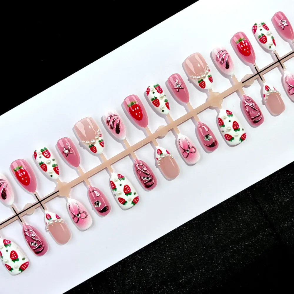 Nailhour 30Pcs Strawberry 3D Bow Medium Almond French Press On Nails