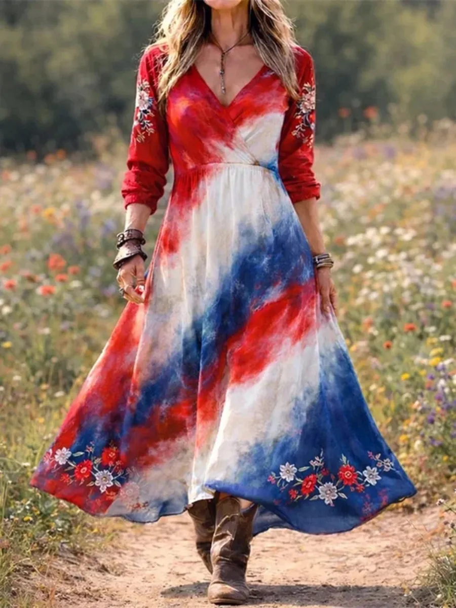 Women's Independence Day Floral Print Tie-dye Casual Linen Blend Maxi Dress