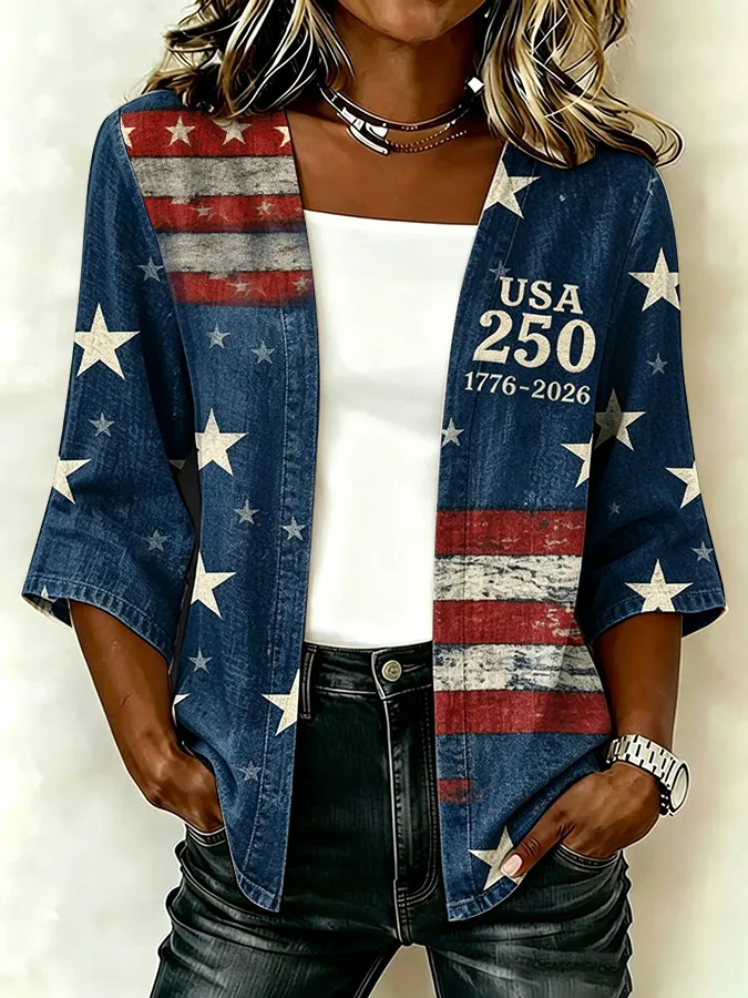 Women'S Casual Loose Independence Day Patriotic Cardigan