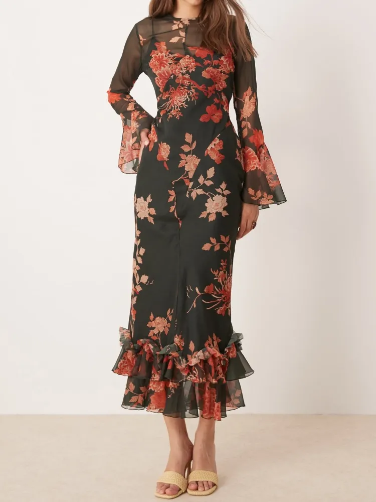 Frill Deatil Flower Long Sleeve Dress