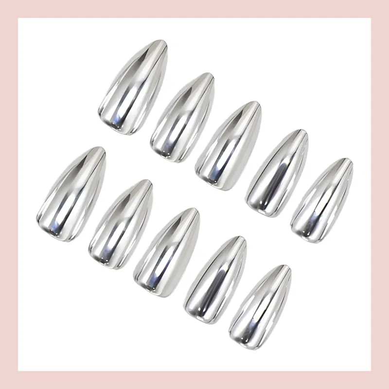 Nailhour 24Pcs Party French Minimalist Chrome Grey Short Almond Press On Nails