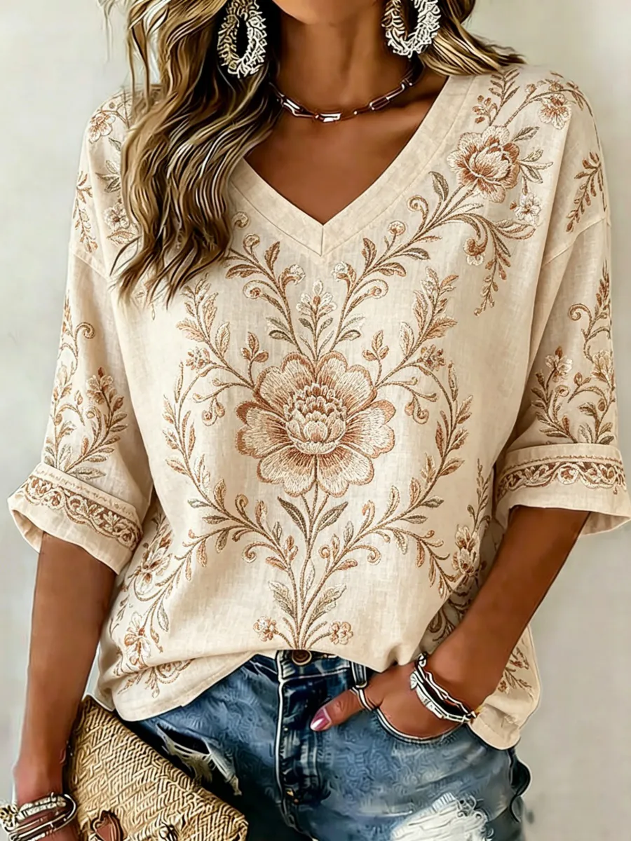 Women's Vintage Floral Print Linen V-Neck Top