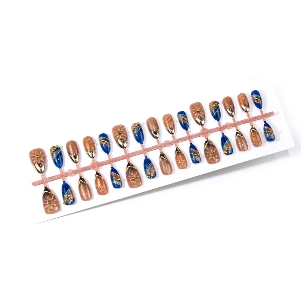 Nailhour 30Pcs Floral 3D Cat Eye Medium Almond Gradient French Press On Nails