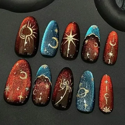 Nailhour Stars and Moon 10pcs Cat Eyes Red Press On Nails