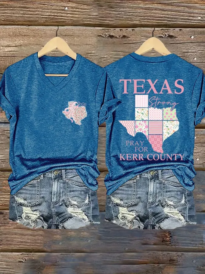 V Neck Retro Texas Strong Bow Print Pray For Kerr County Print T-Shirt