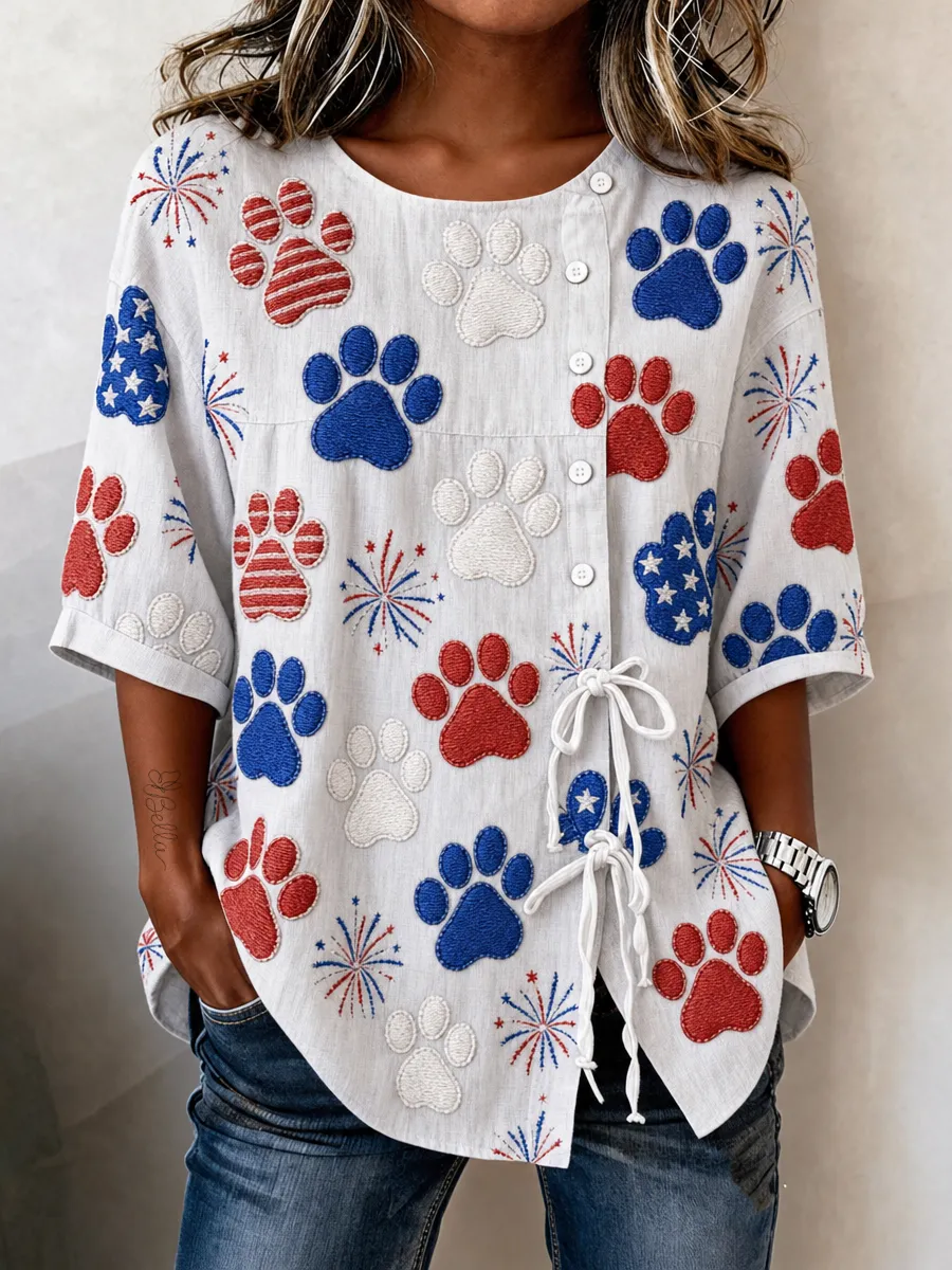 Women's Independence Day Paw Art Cotton And Linen Casual Top