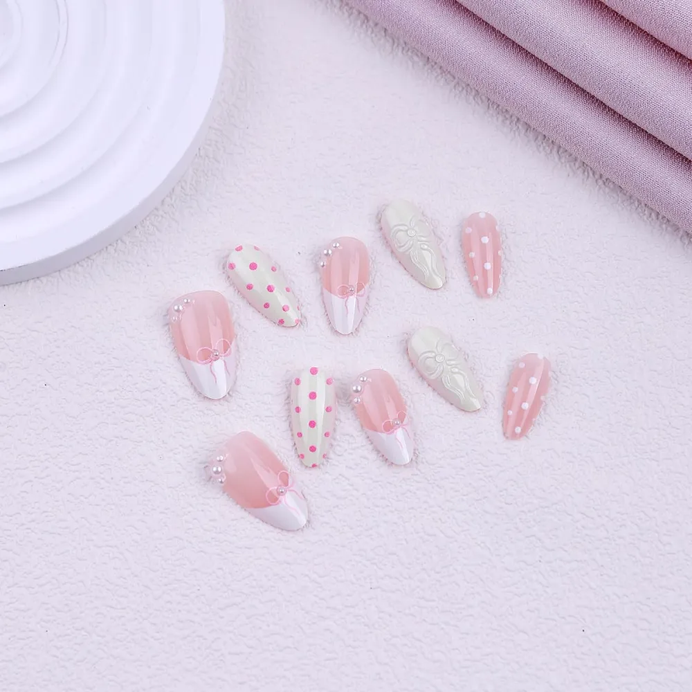 Nailhour 30Pcs Floral 3D Medium Almond French Butterfly Bow Press On Nails