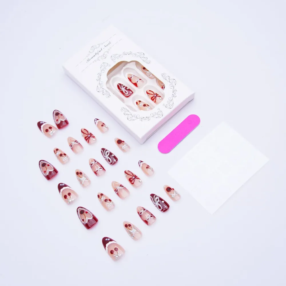 Nailhour 30Pcs Christmas Cherry 3D Medium Almond French Press On Nails