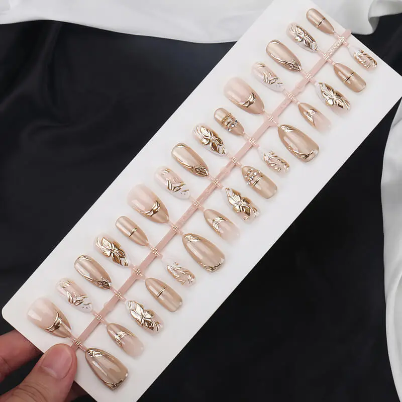 Nailhour 30Pcs French Floral 3D Glitter Medium Almond Press On Nails