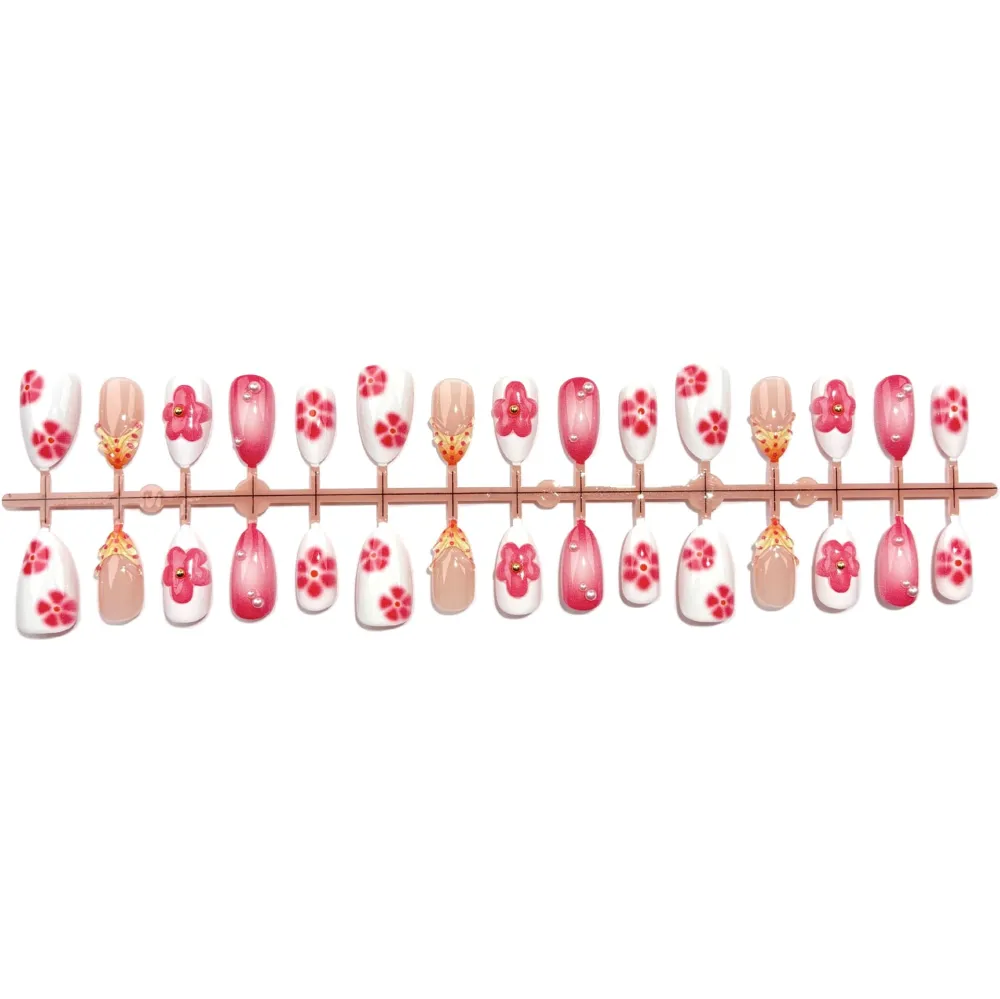 Nailhour 30Pcs Rose Red Floral 3D Medium Almond French Press On Nails