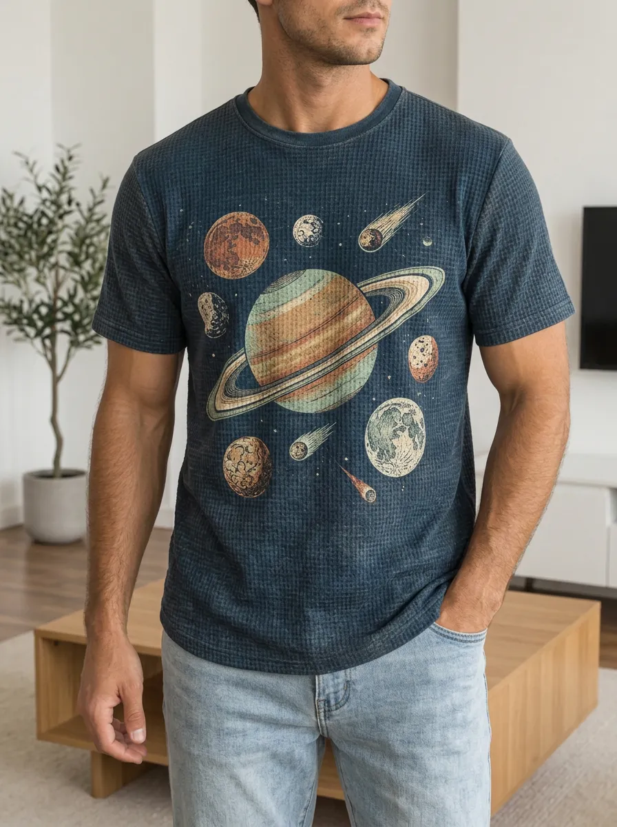 Men's Space Astronomy Lover Saturn Planets Crew Neck T-Shirt