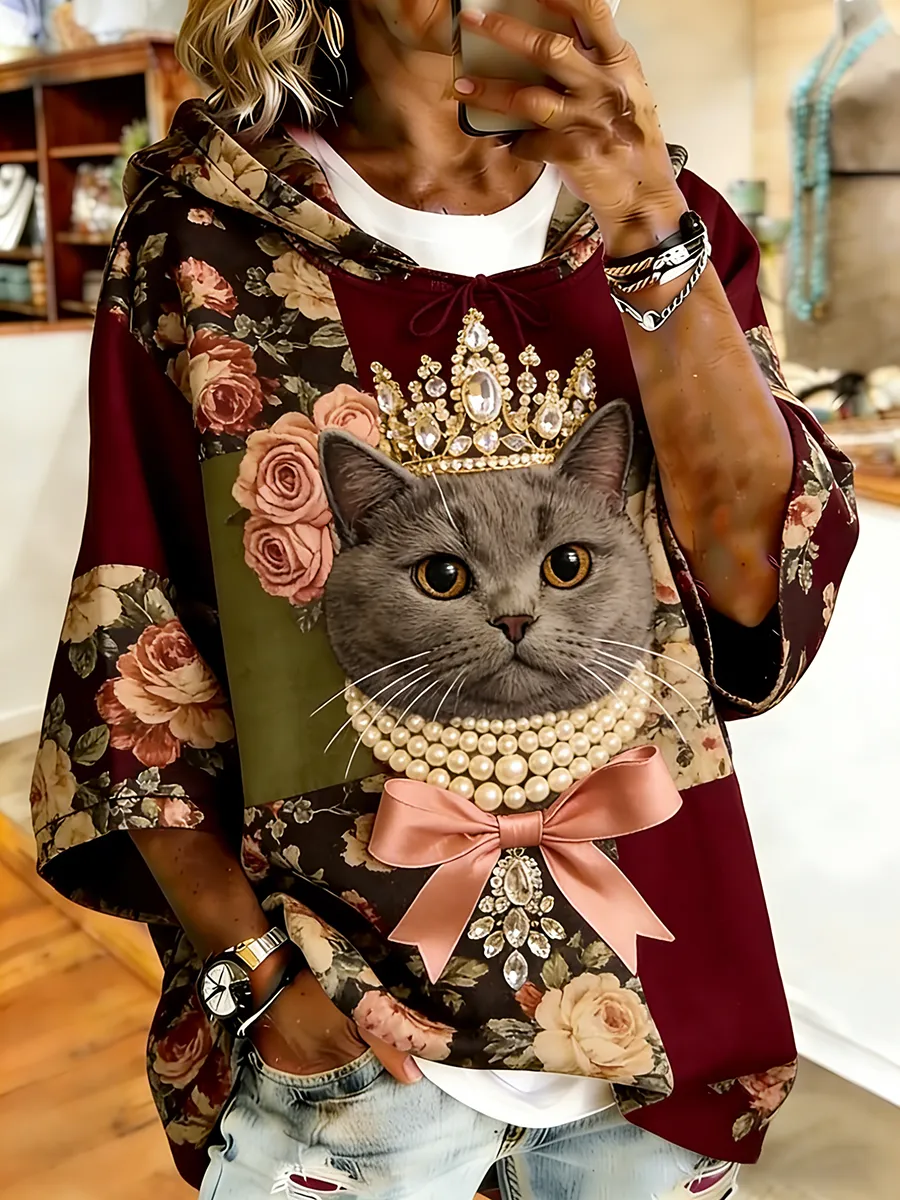 Crown British Shorthair Cat Flower Pearl Bow Decoration Casual Hoodie