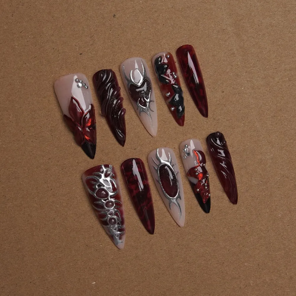 Nailhour 24Pcs Gothic 3D Long Stiletto Press On Nails