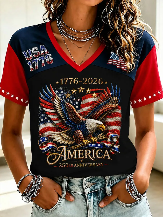 Women'S Retro Independence Day Printed Casual Short Sleeved T-Shirt