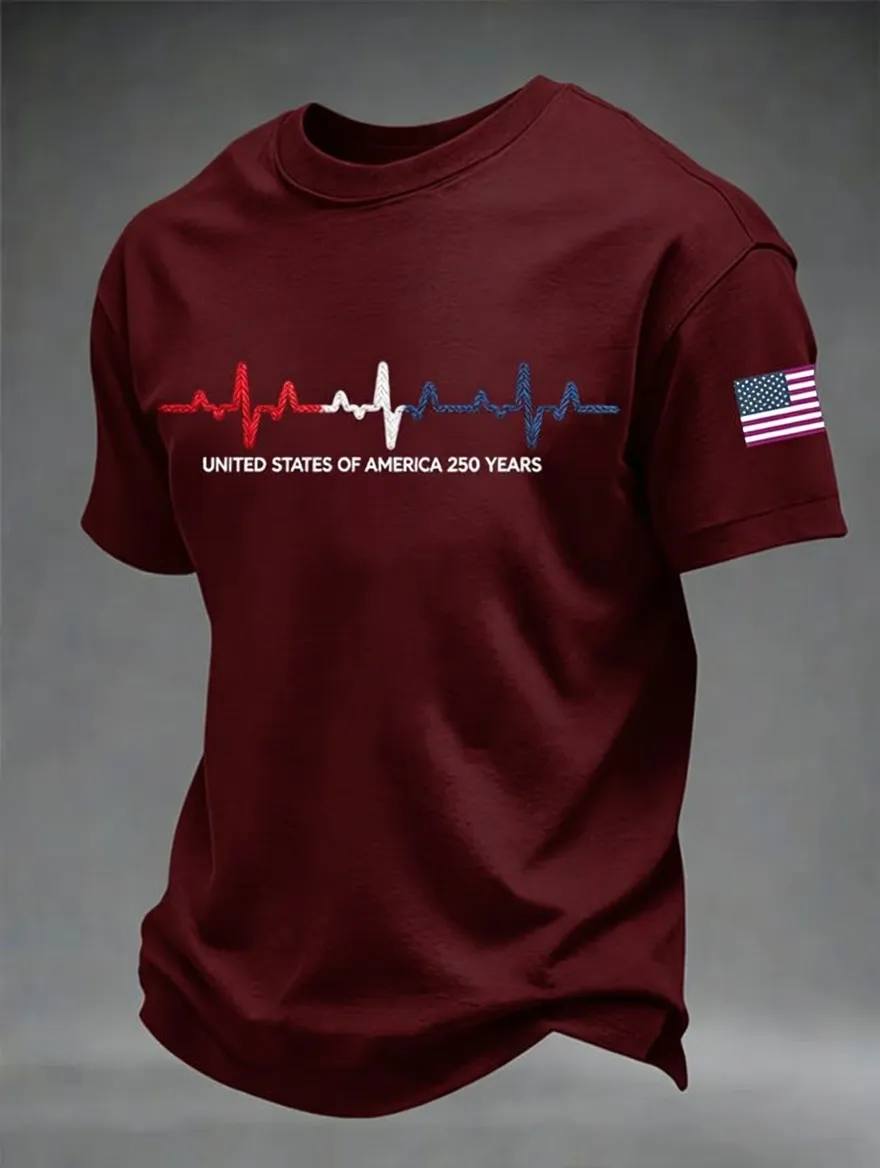 Men'S Casual American 250Th Anniversary Printed Round Neck Short Sleeved T-Shirt