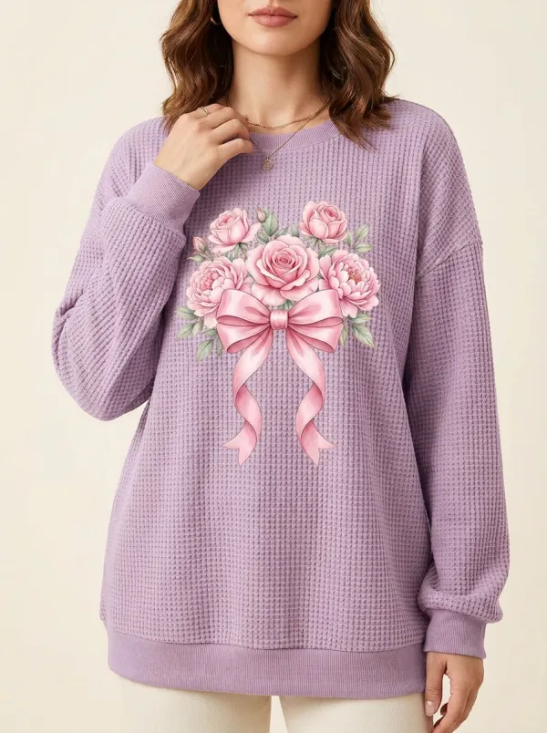 Women's Breast Cancer Awareness Pink Rose Bow Printed Waffle Sweatshirt