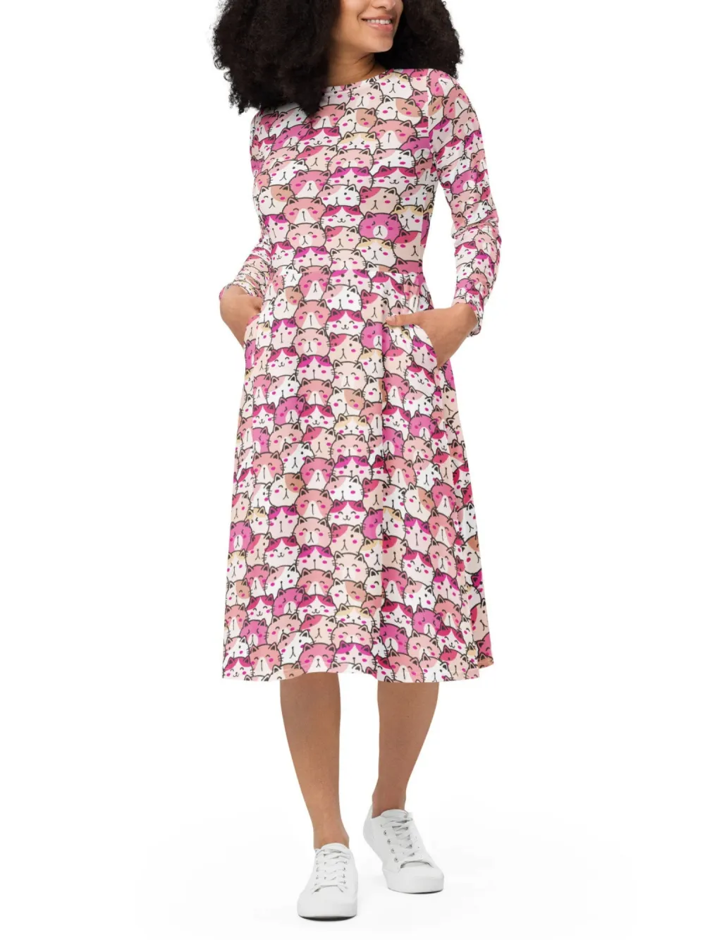 Casual Cat Print Round Neck Dress