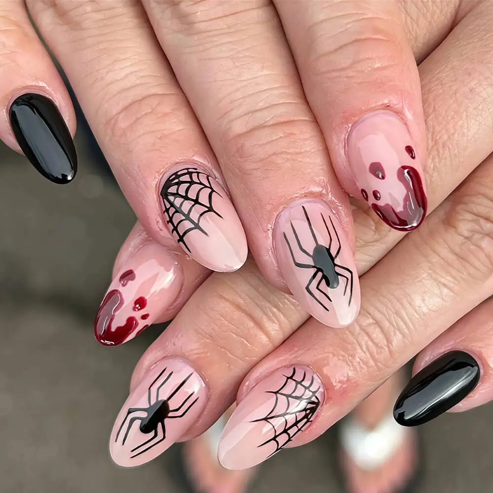 Nailhour 24Pcs Halloween Short Oval Nude Spider Press On Nails